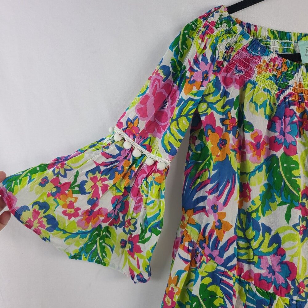 True Destinations Floral Off-Shoulder Bell Sleeve Pom Pom Hem Dress Sz XS - Picture 3 of 9